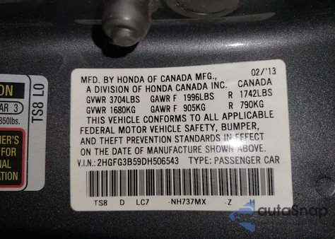 2013 Honda Civic Lx z USA, uszkodzony, nr VIN 2HGFG3B59DH506543